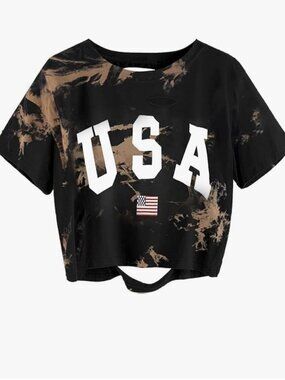 Black USA Bleach Dye Crop Top Distressed Back Cutout Grunge Punk Tee L